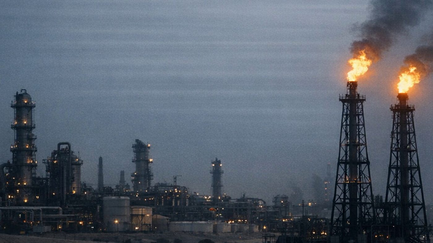 Industrial towers burning at dusk