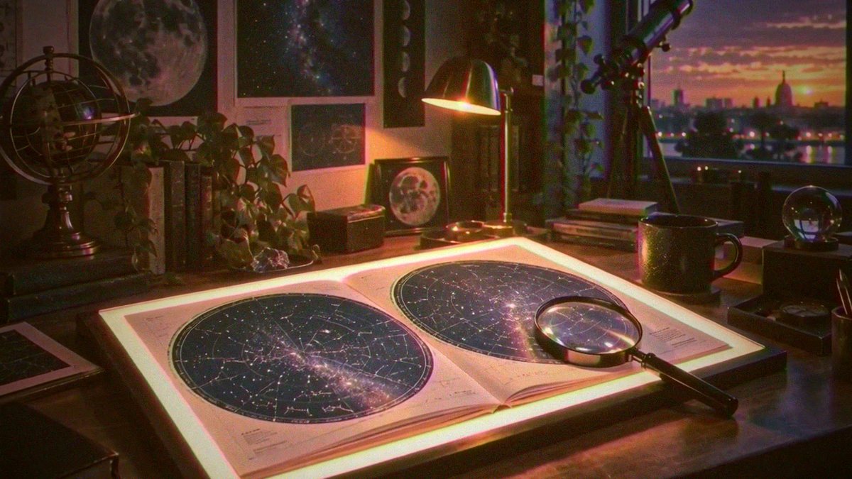 Archive-graded key frame: a study desk with a star map